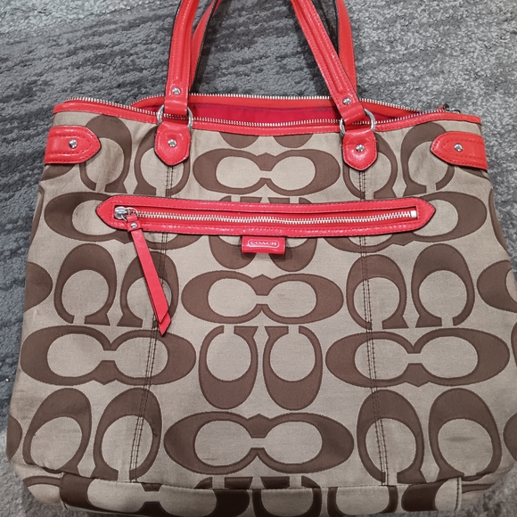 Coach Brown and Red Signature Tote Bag - Picture 1 of 5